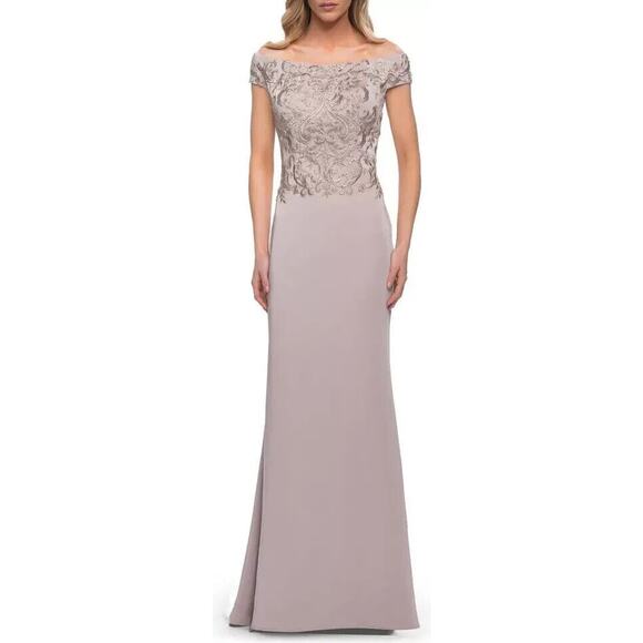 La Femme NWT 29331 Embellished Off the Shoulder Jersey Gown Dress Light Taupe 4 - Picture 1 of 9